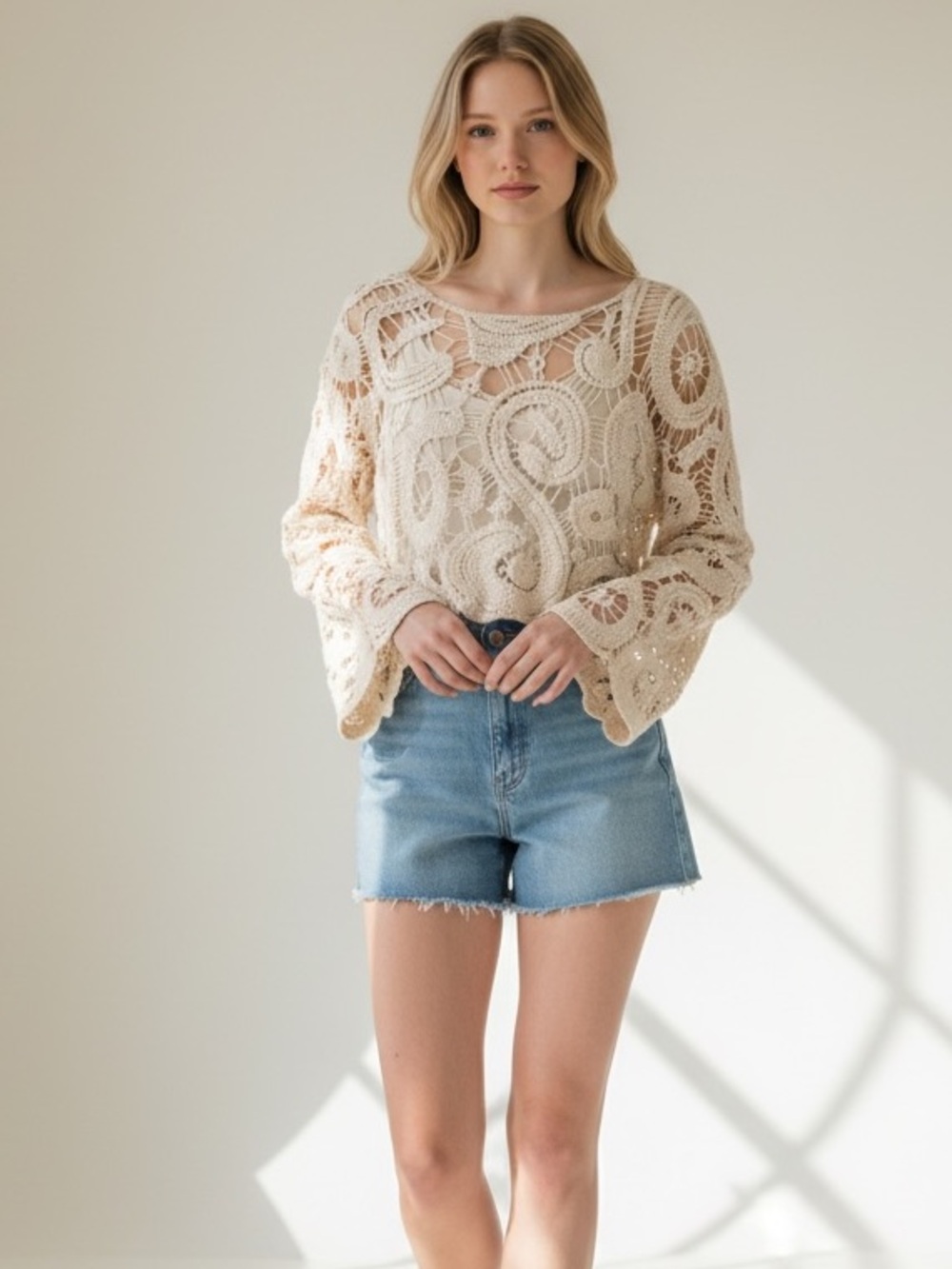 Women’s Cream Boho Crochet PaisleyTop NEW
